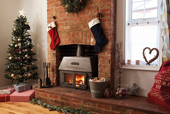 Joyful day Christmas joy decorations around fireplace